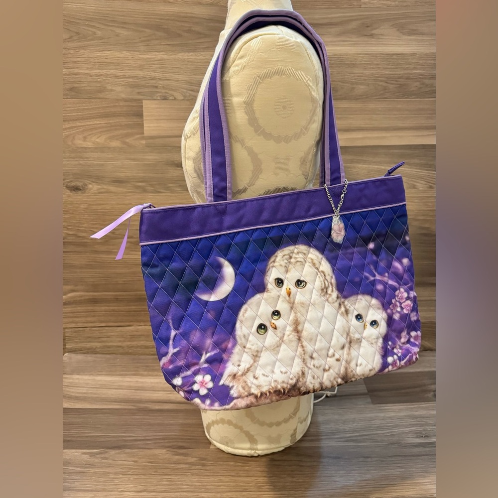 Bradford Exchange Owl Always Love You Kayomi Harai Quilted Purple Zip Tote Nwot